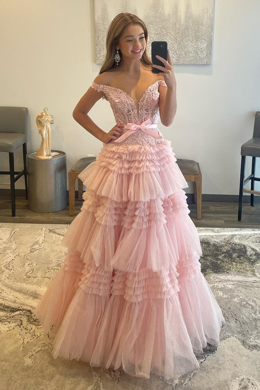 Light Pink Long A-Line Prom Dress with Ruffles and Off-the-Shoulder Princess Neckline misshow.com Light Pink Long A-Line Prom Dress with Ruffles and Off-the-Shoulder Princess Neckline misshow.com