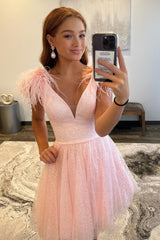 Light Pink V-Neck Feather Cap Sleeve Glitter Tulle V-Back Open Back Feather Hem Flared A-Line Short Homecoming Dress