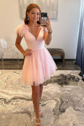 Pink v-neck feather A-line homecoming dress