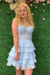 Lilac A-Line Strapless Tiered Corset Short Homecoming Dress with Appliques