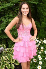 Lilac A-Line Strapless Tiered Corset Short Homecoming Dress with Appliques