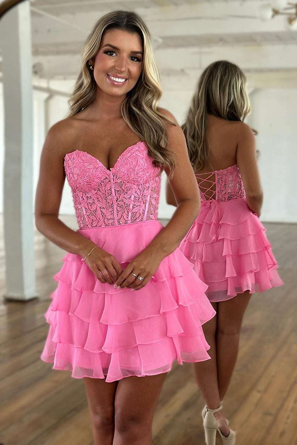 Lilac A-Line Strapless Tiered Corset Short Homecoming Dress with Appliques