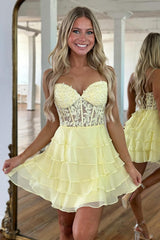Lilac A-Line Strapless Tiered Corset Short Homecoming Dress with Appliques