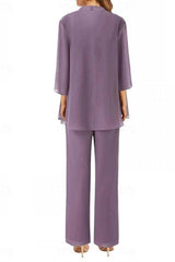 Lilac Chiffon 3-Piece Mother of the Bride Pants Suit Square Neck Sleeveless Allover Paisley Vine Lace Top Straight-Leg Chiffon Pants Matching Chiffon Open-Front Jacket 3/4 Sleeves