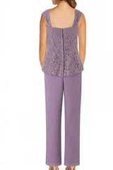 Lilac Chiffon 3-Piece Mother of the Bride Pants Suit Square Neck Sleeveless Allover Paisley Vine Lace Top Straight-Leg Chiffon Pants Matching Chiffon Open-Front Jacket 3/4 Sleeves