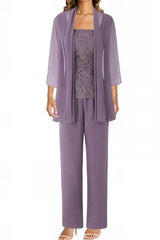 Lilac Chiffon 3-Piece Mother of the Bride Pants Suit Square Neck Sleeveless Allover Paisley Vine Lace Top Straight-Leg Chiffon Pants Matching Chiffon Open-Front Jacket 3/4 Sleeves