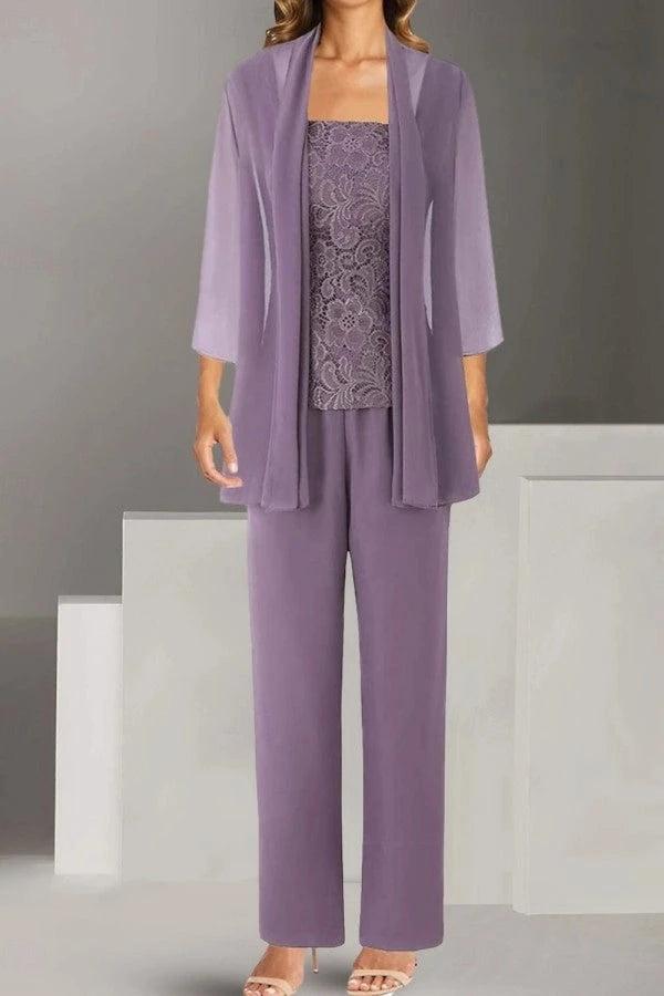 Lilac Chiffon 3-Piece Mother of the Bride Pants Suit Square Neck Sleeveless Allover Paisley Vine Lace Top Straight-Leg Chiffon Pants Matching Chiffon Open-Front Jacket 3/4 Sleeves