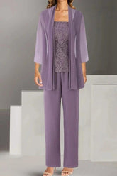 Lilac Chiffon 3-Piece Mother of the Bride Pants Suit Square Neck Sleeveless Allover Paisley Vine Lace Top Straight-Leg Chiffon Pants Matching Chiffon Open-Front Jacket 3/4 Sleeves