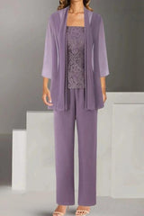 Lilac Chiffon 3-Piece Mother of the Bride Pants Suit Square Neck Sleeveless Allover Paisley Vine Lace Top Straight-Leg Chiffon Pants Matching Chiffon Open-Front Jacket 3/4 Sleeves