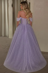 Lilac Glitter Tulle Ball Gown Evening Dress Off-the-Shoulder Sweetheart Boned Corset Princess Prom Formal Gown