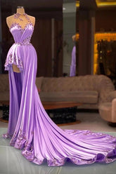 Lilac High Neck Sleeveless Applique A-Line Mermaid Satin Floor Length Evening Gown