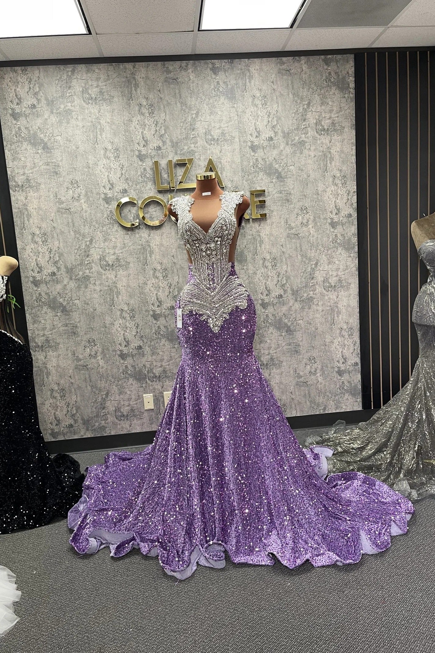 Lilac Mermaid Prom Dress Illusion Sweetheart V Neck Pearl Silver Crystal Fan Radial Beaded Scalloped Lace Cap Sleeve Sequin Cathedral Train Gown