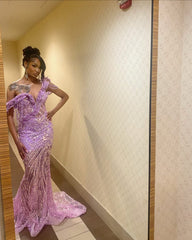 Lilac Mermaid Prom Dress Off Shoulder Deep V Sweetheart 3D Purple Leaf Petal Applique Crystal Chain Fringe Tassel All-Over Sequin Geometric Wave Rhinestone Beaded Court Train Gown