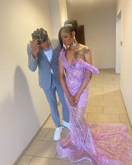 Lilac Mermaid Prom Dress Off Shoulder Deep V Sweetheart 3D Purple Leaf Petal Applique Crystal Chain Fringe Tassel All-Over Sequin Geometric Wave Rhinestone Beaded Court Train Gown
