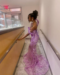 Lilac Mermaid Prom Dress Off Shoulder Deep V Sweetheart 3D Purple Leaf Petal Applique Crystal Chain Fringe Tassel All-Over Sequin Geometric Wave Rhinestone Beaded Court Train Gown