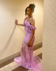 Lilac Mermaid Prom Dress Off Shoulder Deep V Sweetheart 3D Purple Leaf Petal Applique Crystal Chain Fringe Tassel All-Over Sequin Geometric Wave Rhinestone Beaded Court Train Gown