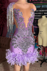 Lilac v-neck rhinestone column prom dress