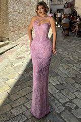 Lilac One Shoulder Sleeveless Lace Column Beaded Cutout Floor Length Formal Evening Gown