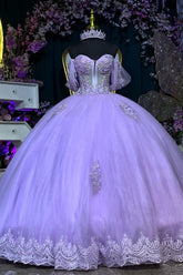 Lilac Purple Sweetheart Sleeveless 3D Floral Applique Bow Ball Gown Quinceanera Dress