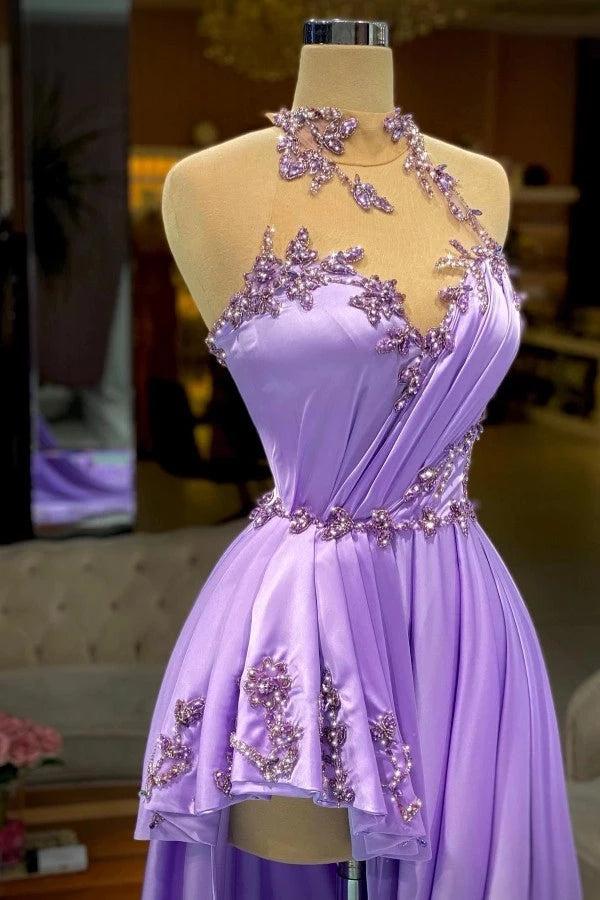 Lilac Satin A-Line Evening Dress High Neck Illusion Crystal Beaded Bodice Peplum Hem Sweep Train Formal Gown