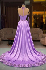 Lilac Satin A-Line Evening Dress High Neck Illusion Crystal Beaded Bodice Peplum Hem Sweep Train Formal Gown