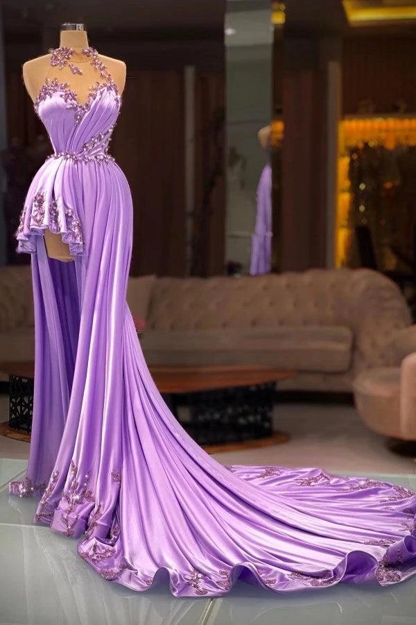 Lilac Satin A-Line Evening Dress High Neck Illusion Crystal Beaded Bodice Peplum Hem Sweep Train Formal Gown