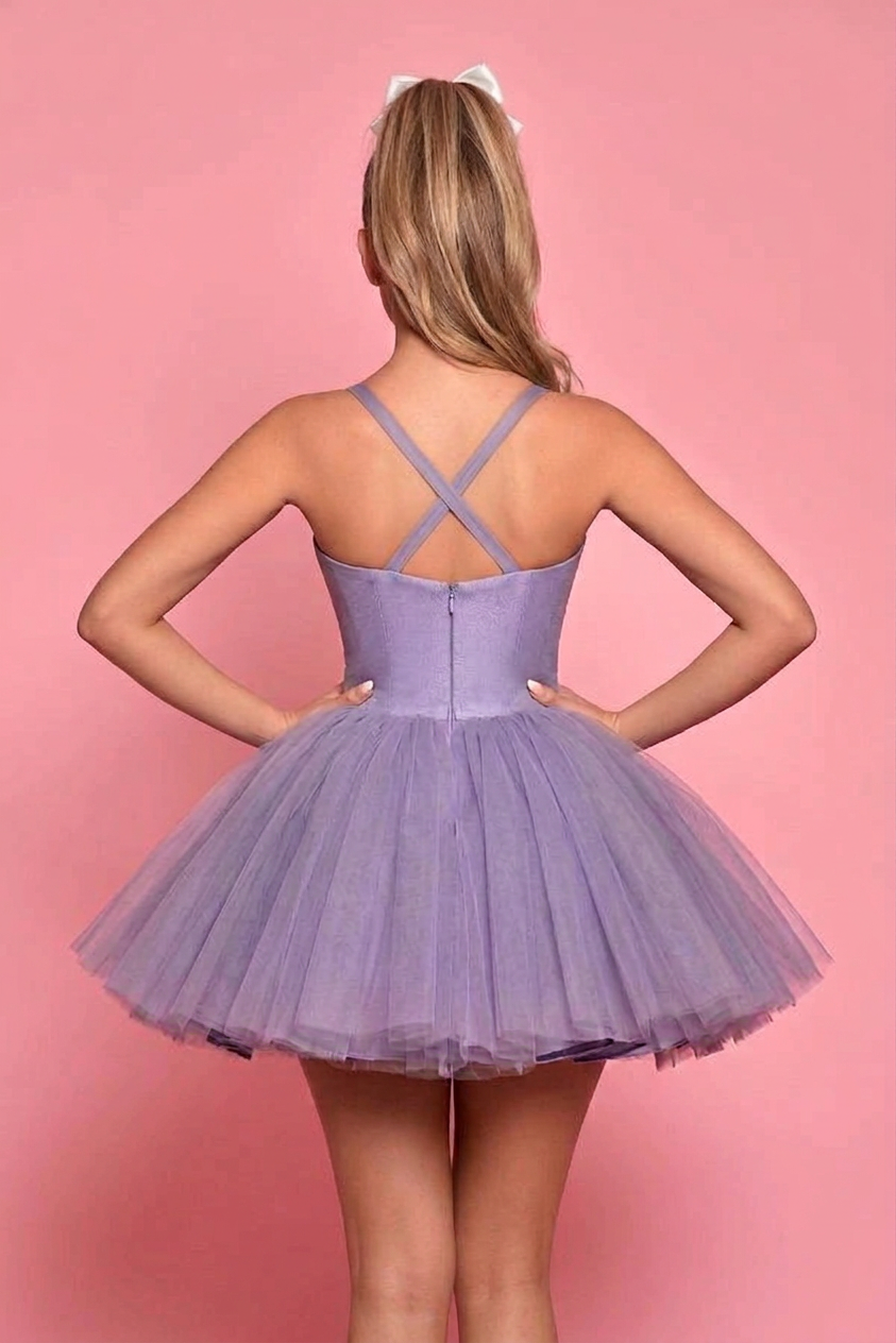 Lilac Satin Corset Mini Dress Deep Sweetheart Criss Cross Back Bow Rhinestone Tulle Skirt Ballet Homecoming Gown