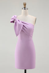 Lilac Satin One Shoulder Ruched Short Tight Homecoming Dress with Bow