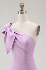 Lilac Satin One Shoulder Ruched Short Tight Homecoming Dress with Bow
