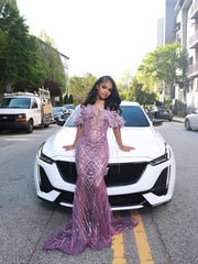 Lilac Sequin Mermaid Prom Dress Off Shoulder Fringe Bow Sparkly Evening Gown with Sweep Train