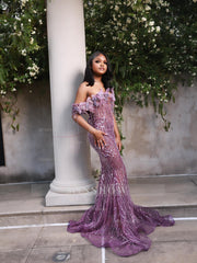 Lilac Sequin Mermaid Prom Dress Off Shoulder Fringe Bow Sparkly Evening Gown with Sweep Train