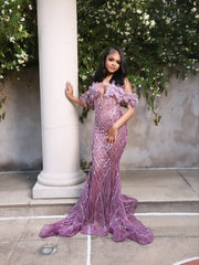 Lilac Sequin Mermaid Prom Dress Off Shoulder Fringe Bow Sparkly Evening Gown with Sweep Train