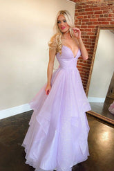 Lilac Spaghetti Strap Deep V-Neck Ball Gown Tulle Floor Length Formal Evening Dress