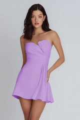 Lilac Strapless Satin Short A-Line Homecoming Dress with Ruffles