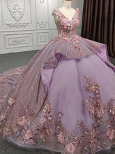 Lilac V-Neck Sleeveless 3D Floral Applique Beaded Tiered Ball Gown Quinceanera Dress