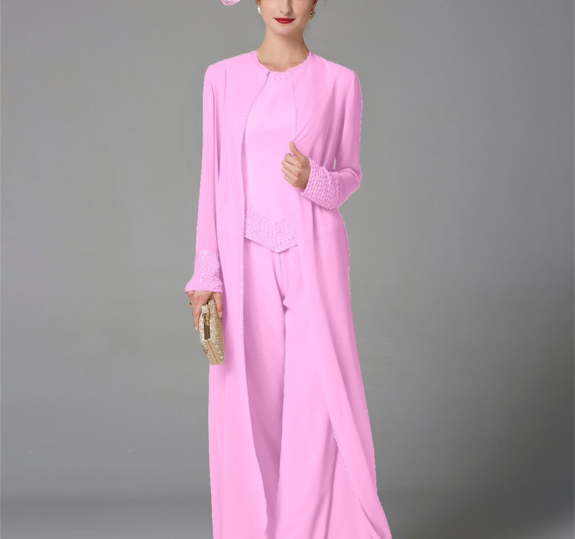 Chiffon Long Sleeves Mother Of The Bride Pantsuits With Jacket Sequins