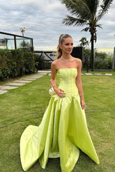 Lime Green Strapless Sleeveless Corset Pleated Ball Gown Floor Length Formal Evening Dress