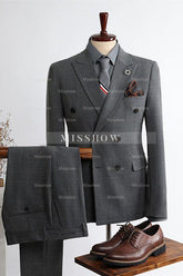 Logan New Arrival Dark Gray Peak Lapel Double Breasted Checkered Men’s Suits