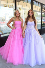 Long A-Line Corset Prom Dress in Lilac with Strapless Tulle and Appliques