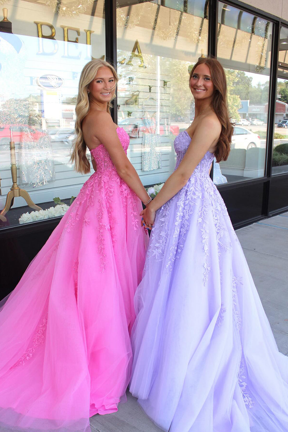Long A-Line Corset Prom Dress in Lilac with Strapless Tulle and Appliques