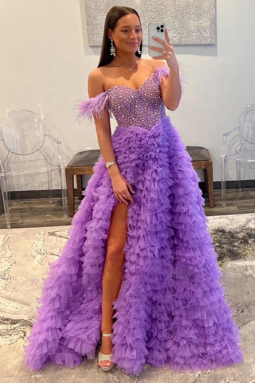 purple feather prom dress Alyce Paris Feather Off Shoulder Prom Dress 61653