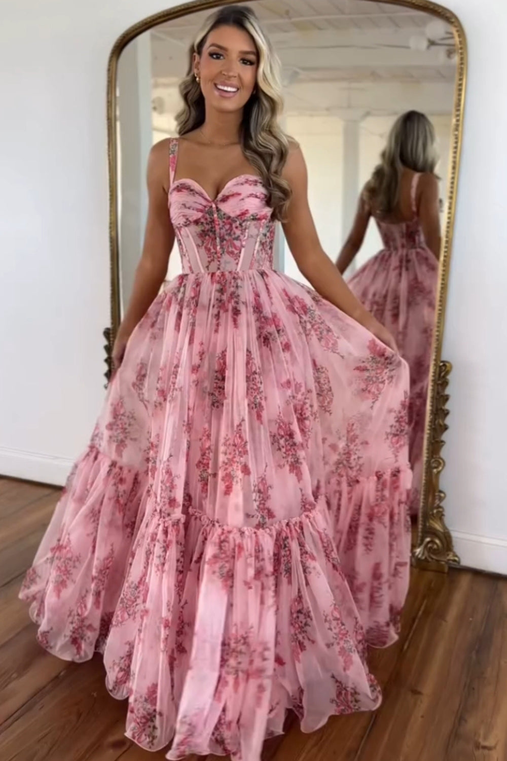 Long A-Line Corset Prom Dress with Blush Floral Print and Spaghetti Straps misshow.com Long A-Line Corset Prom Dress with Blush Floral Print and Spaghetti Straps misshow.com