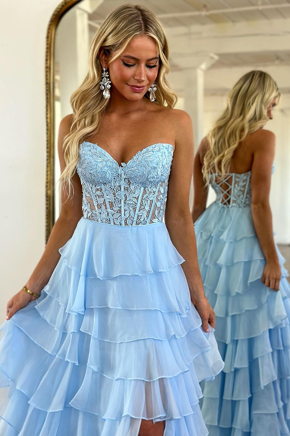 Long A-line Strapless Blue Corset Prom Dress Featuring Tiered Design and Appliques