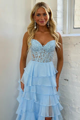 Long A-line Strapless Blue Corset Prom Dress Featuring Tiered Design and Appliques