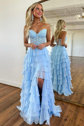 Long A-line Strapless Blue Corset Prom Dress Featuring Tiered Design and Appliques