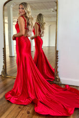 Long Backless Red Mermaid Prom Dress in Satin with Spaghetti Straps and Slit