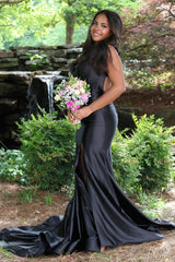 Long Backless Red Mermaid Prom Dress in Satin with Spaghetti Straps and Slit