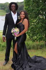 Long Backless Red Mermaid Prom Dress in Satin with Spaghetti Straps and Slit