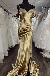 Long Beaded Prom Dress in Gold Mermaid Satin with Spaghetti Straps