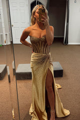 Long Beaded Prom Dress with Sparkly Golden Strapless Corset and Slit